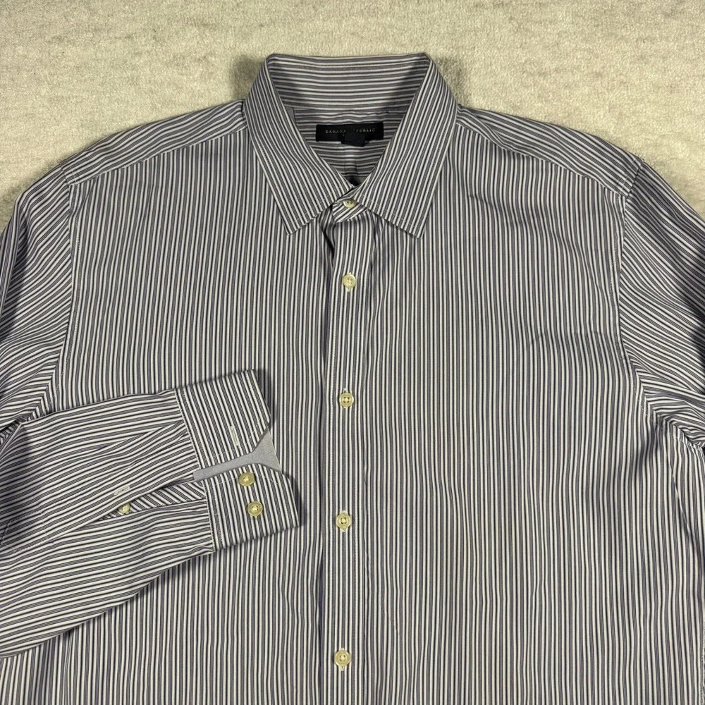 Banana Republic Mens Slim Fit Striped Button Down Dress Shirt Navy‎ White Large